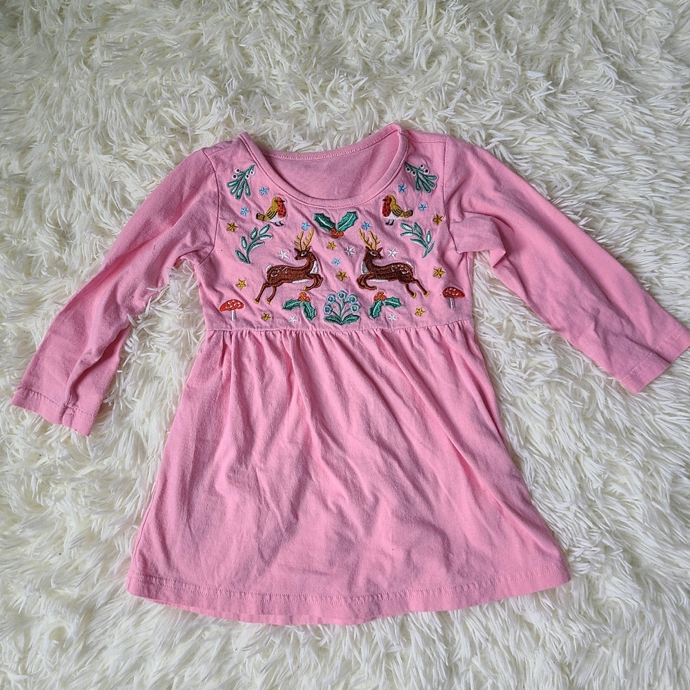Pink Embroidered Dress with Deer Design Size 3 Years